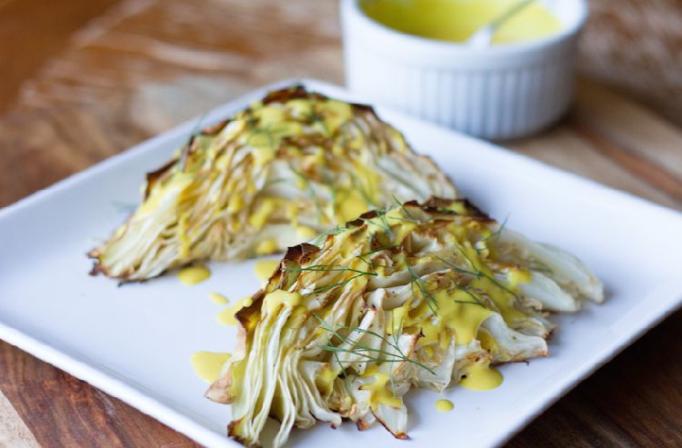 Roasted Wedged Cabbage with sweet mustard sauce