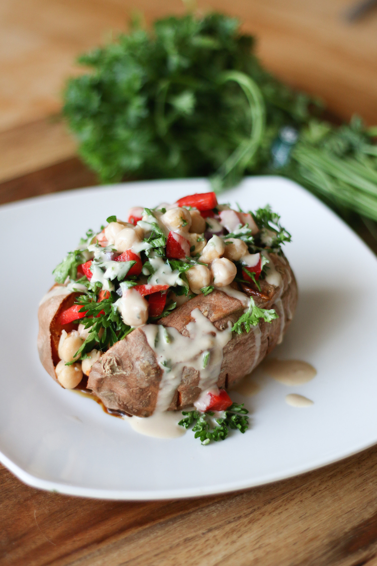 Mediterranean Sweet Potato with Tahini Dressing | www.LiveSimplyNatural.com