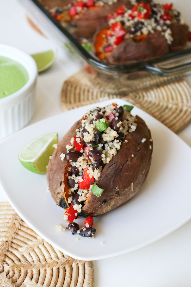 Quinoa Stuffed Sweet Potato with Cilantro Lime Sauce | www.LiveSimplyNatural.com