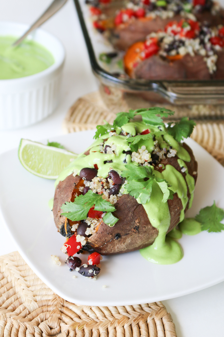 Quinoa Stuffed Sweet Potato with Cilantro Lime Sauce | www.LiveSimplyNatural.com