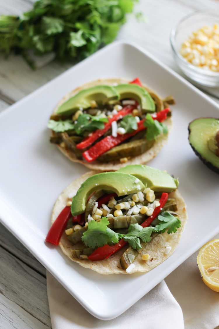 vegan nopales tacos with charred corn and black bean salsa